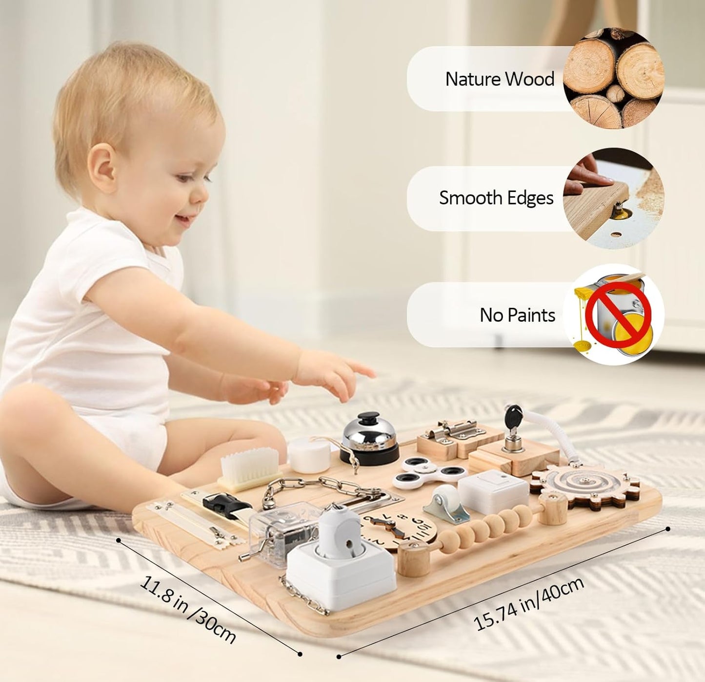 Potatomato Montessori Large Busy Board for 1 2 3 4 Year Old- Wooden Sensory Toys -Fidget Activity Board for Toddlers Boys and Girls- Motor Skills Gifts for ADHD & Autistic Children Kids
