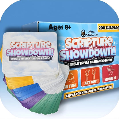 Bible Trivia Charades Game, Scripture Showdown for Families, Teens, Adults, 200 Challenge Cards, Faith Based Party Activity, Christian Game Night, Youth Group Icebreaker, Bible Study, Christian Gifts