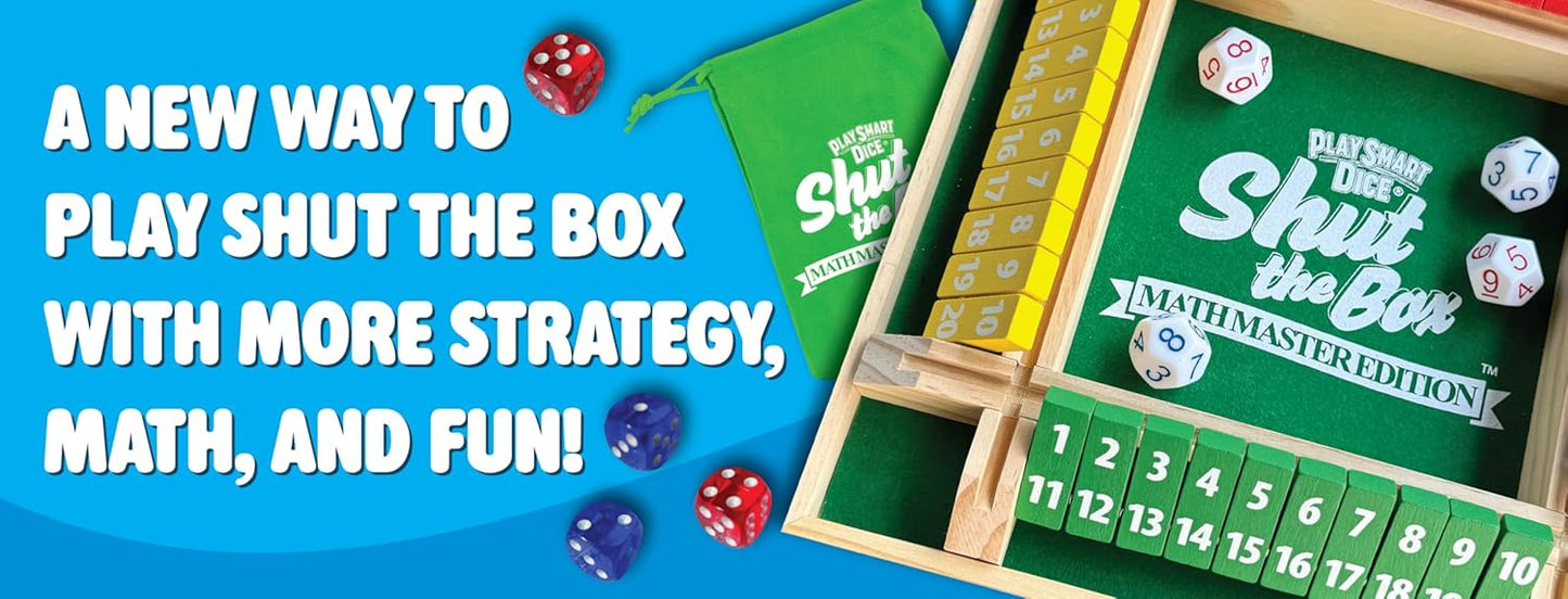 PlaySmart Dice Shut the Box Math Master: Deluxe 1-4 Player Wooden Board with Unique dice, More Numbers, Games, Math, and Fun Ways to Play!