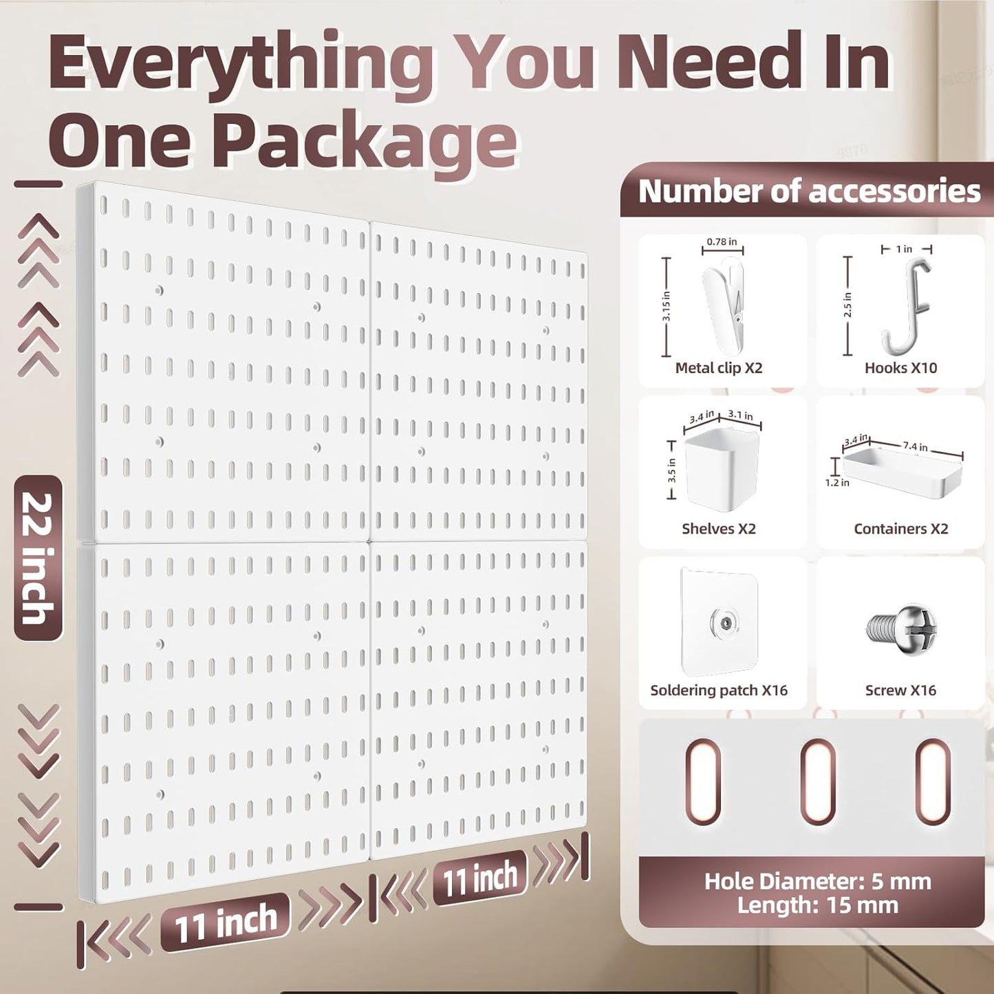 Pegboard Wall Organizer Kit, 4 Pcs Plastic Peg Boards with Hooks & Accessories, Wall-Mounted Pegboard Kit for Home Office Storage, Bedroom, Craft Room(22″×22″)