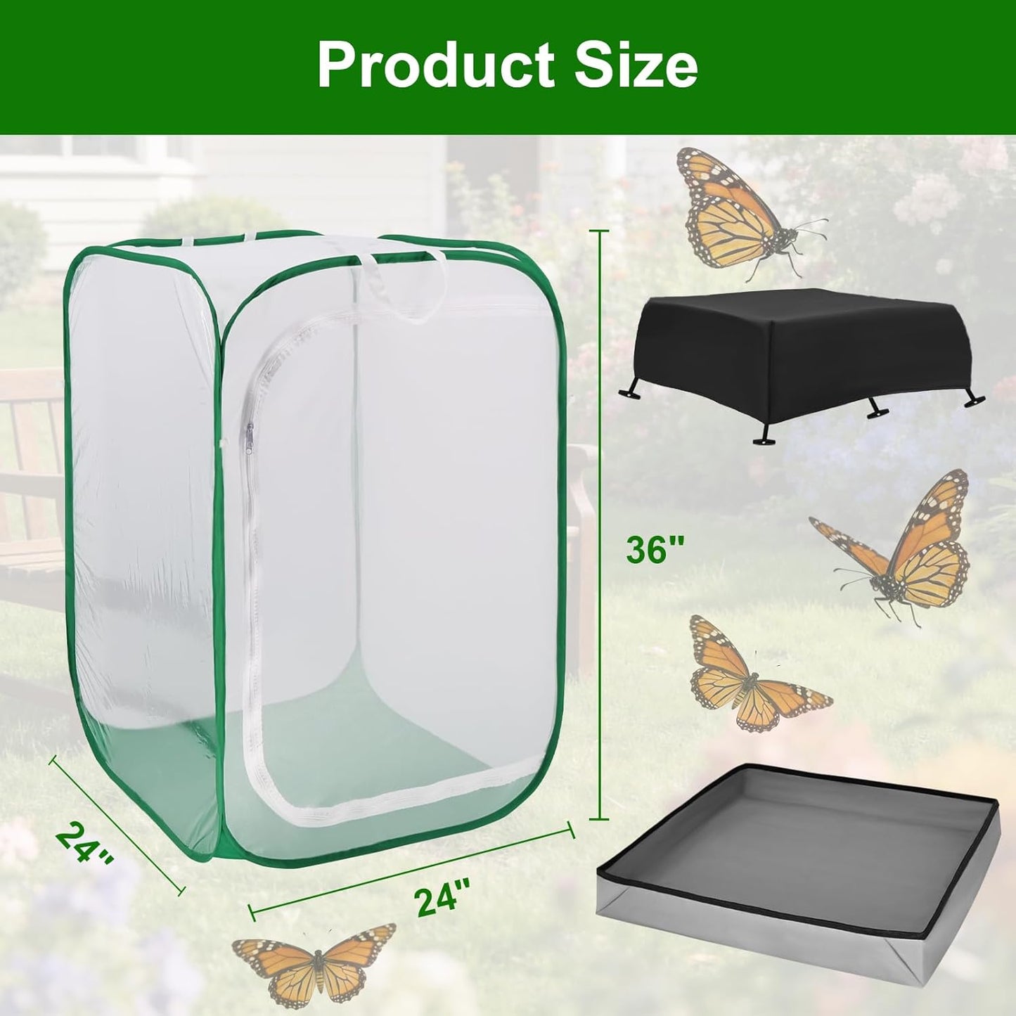 Butterfly & Insect Habitat Cage 24" x 24" x 36", Extra Large Butterfly Enclosure with Poop Tray for Easy to Clean, Pop-up Caterpillars Mesh Cage Terrarium with Sunshade Top for Outdoor.
