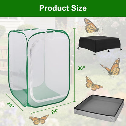 Butterfly & Insect Habitat Cage 24" x 24" x 36", Extra Large Butterfly Enclosure with Poop Tray for Easy to Clean, Pop-up Caterpillars Mesh Cage Terrarium with Sunshade Top for Outdoor.