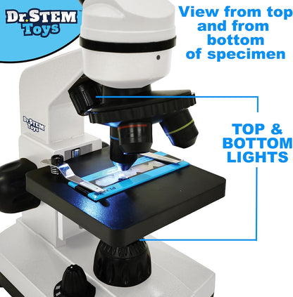 Dr. STEM Toys 39 Piece Microscope Kit for Kids with Top and Bottom Lights, Specimen Slides, 40X, 100X, and 400X Adjustable Lenses - for Kids and Schools (Ages 8+), White