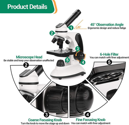 Microscope Kit for Kids Adults Students, 40X-2000X Compound Microscope with Prepared Slides, Dual LED Illumination, All-Glass Optics, Phone Adapter & Carrying Case for Beginners