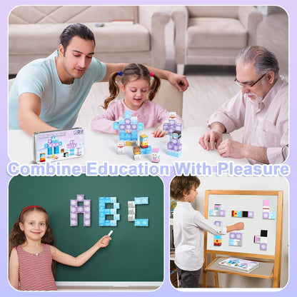 QOUBAI 45PCS Mini Magnetic Blocks Travel Toys, Magnet Building Cubes Tiles Set with Portable Iron Case, Learning Activities Gifts for Kids Toddlers Boys & Girls Ages 3-8 (Construction)