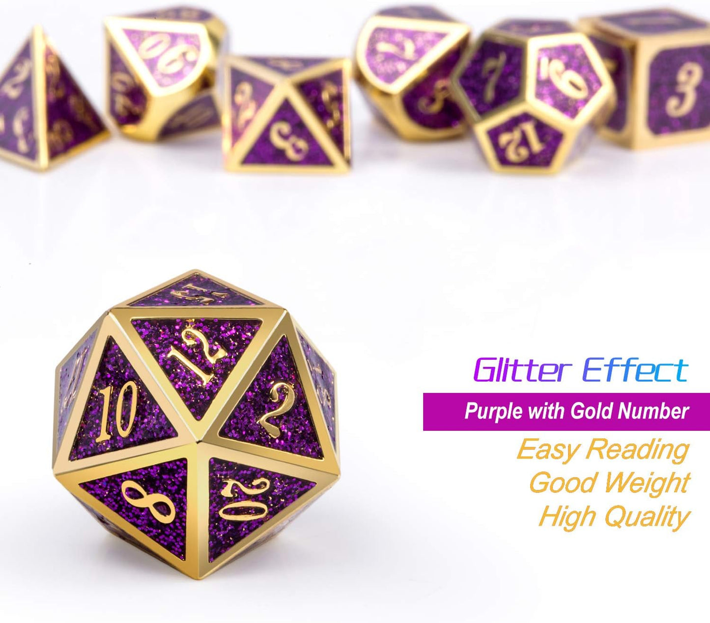 DnDnD Heavy Polyhedral Metal Dice Set with Metal Box, 7-die Shiny Blue Surface with Golden Number for RPG,Dungeons and Dragons,Pathfinder,Shadowrun,D&D,Role Palying Game and Math Teaching - Colors A