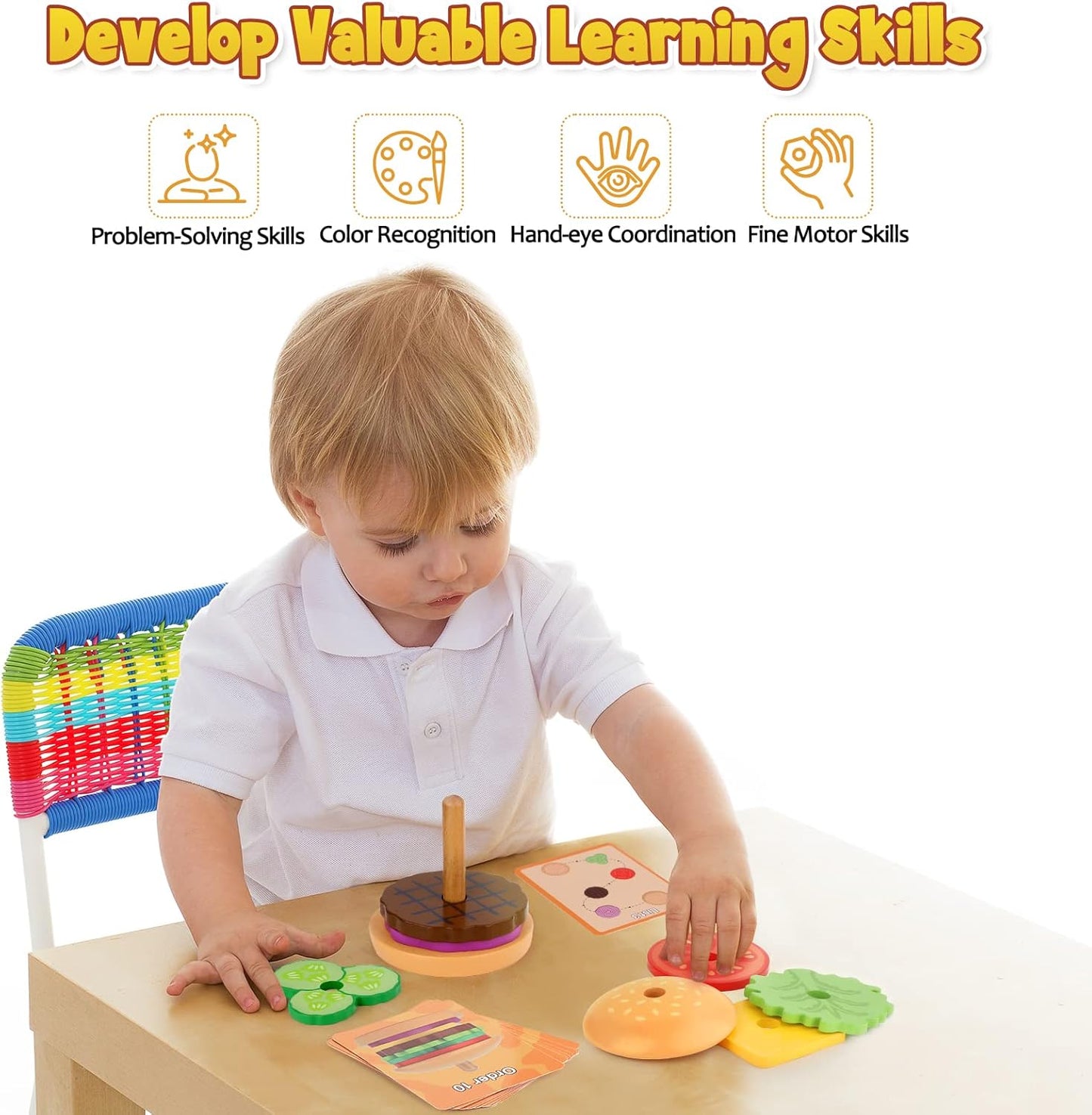 Aizweb Montessori Toys for 3 Year Old - Wooden Burger Stacking Toys for Toddlers and Kids Preschool, Educational Toys, Fine Motor Skill Toy, Blocks for Toddlers, Learning Toys
