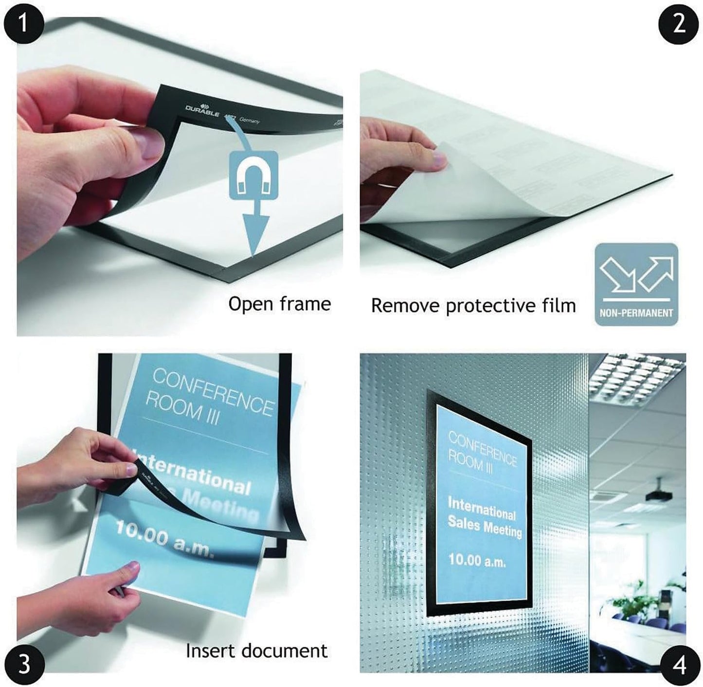 Durable Duraframe Self Adhesive Magnetic Sign Holder in Half Letter-Size 5.5" x 8.5" Inches - Black Frame - Pack of 2