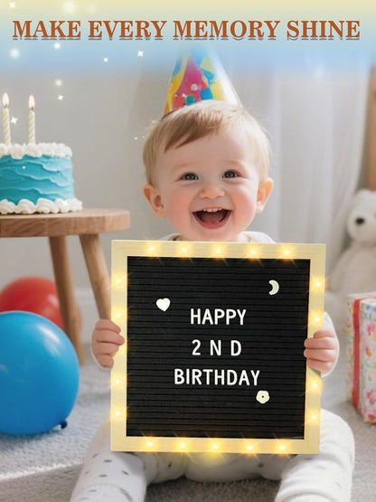 Changeable Felt Letter Board with LED Lights - 10×10" Message Custom Signs & Wood Stand & 450 Letters, Poster Board for Baby/Pregnancy Announcement/Classroom Wall Graduation Decor Gifts, Camel