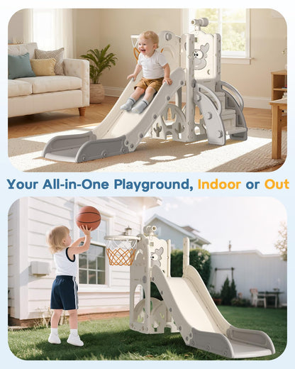 BIERUM Toddler Slide for Kids,6-in-1 Indoor Outdoor Toddler Slides Playground with Basketball Hoop, Golf Game & Telescope, L-Shaped Baby Slide Climber Playset, Cream&Gray