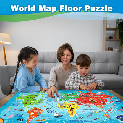 World Map Puzzle for Kids, Floor Puzzles for Kids Ages 4-8, 48 Pcs World Puzzle, Geography Preschool Learning Toys Gifts for Boys and Girls