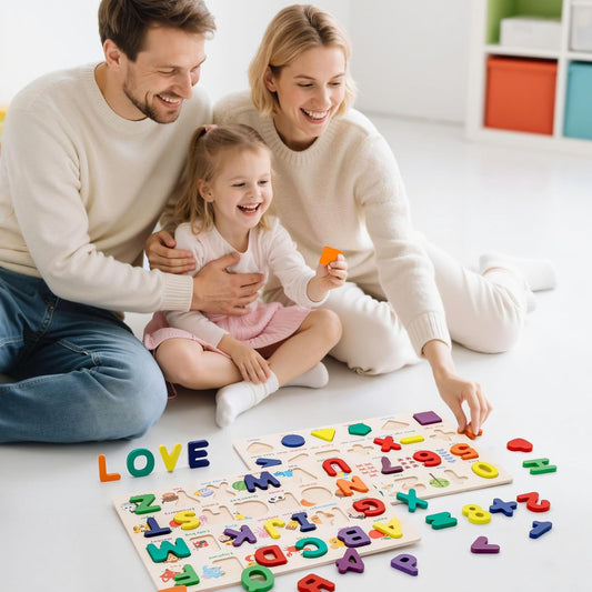 Attmu Wooden Puzzles for Toddlers, 6 Pcs Alphabet Puzzle ABC Shape Number Animal Farm Puzzle, Learning Toys for Kids, Preschool Educational Activities Toddler Gift Toys for Girls Boys Christmas Easter