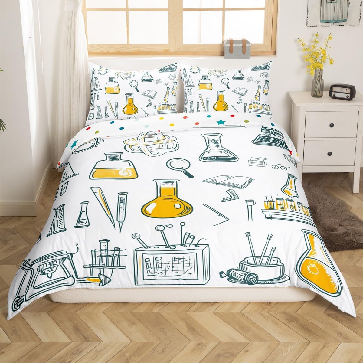 Erosebridal Science Theme Bedding Set Queen Size for Boys Girls Chemistry Periodic Table Print Duvet Cover Chemical Subject Theme Comforter Cover Teens Kids Math Science Atyle Bedspread Cover 3 Pcs