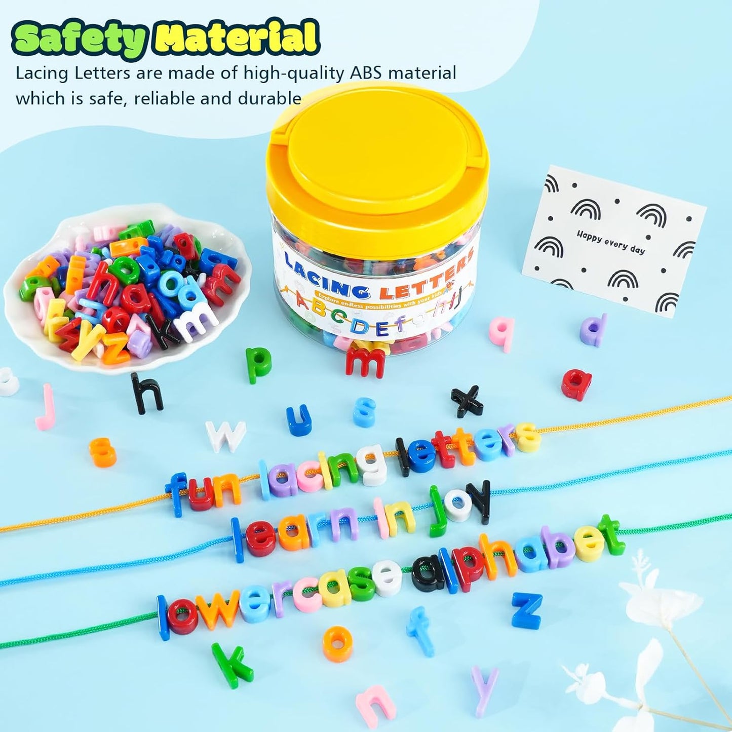 278 Pcs Lacing Letters Beads, Lowercase Alphabet Learning Toys, 10 Color Rainbow Alphabet Beads with 18 Laces, Preschool & Home Educational Toy for Kids Ages 3+, Back to School Supplies