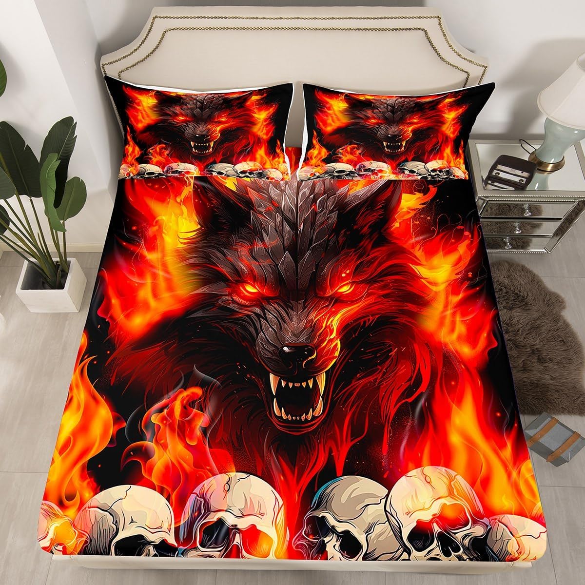 Manfei Musical Kids Fitted Sheet Full Size, MusicalGuitar Radio Drum Kit Headset Print Bedding Set 3pcs for Boys Girls, Rock Music Bed Cover with 2 Pillowcases, Soft Polyester Bedding, No Top Sheet