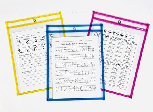 Regent products Corp Set of 3 Reusable Home School Dry Erase Learning Pockets for Kindergarten Learn to Draw Alphabet, Numbers, Shapes, and Tell Time with 6 Learning Templetes Included, large