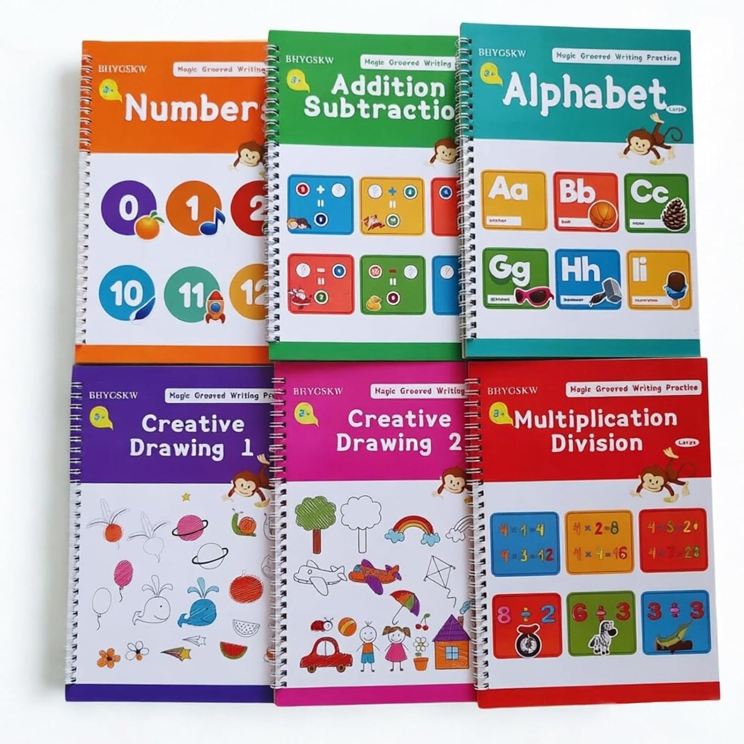 Magic Grooved Writing Practice Books for Kids with Disappearing Ink Pens Grips, Reusable Handwriting Workbooks 6 Pcs, Letter Tracing Copybook for Kindergarten Ages 3-8