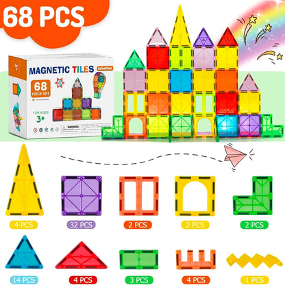 EchoPlan Magnetic Tiles, 130PCS Magnetic Blocks with 2 Cars, Magnet Tiles 3D Clear Building Blocks Set, STEM Sensory Educational Toys Gift for Toddlers Kids Boys 3 4 5 6 7 8 9+ Year Old