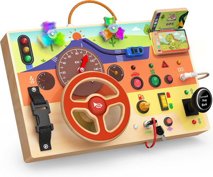 UdoUto Montessori Wooden Busy Board for Toddlers with LED Light Lights & Switches,Portable Activity Board for Car & Airplane Travel Toys, Christmas & Birthday Gift for 1-3 Year Old Boys & Girls