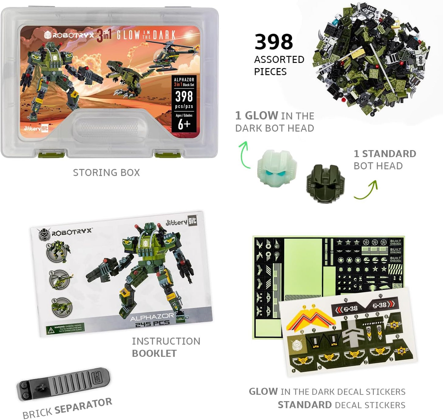 JITTERYGIT Robot Army Buildable Mech Soldier Glow in The Dark Gift Toy Set, Helicopter Military Creative STEM Project, Dinosaur Building Bricks Kit for Kids Ages 6-11 Years Old