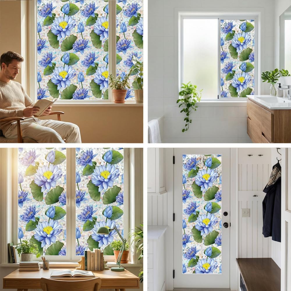 Flower Stained Glass Window Film Decorative Static Cling Stickers Sun Blocking Privacy Decals for Home Car White Lily