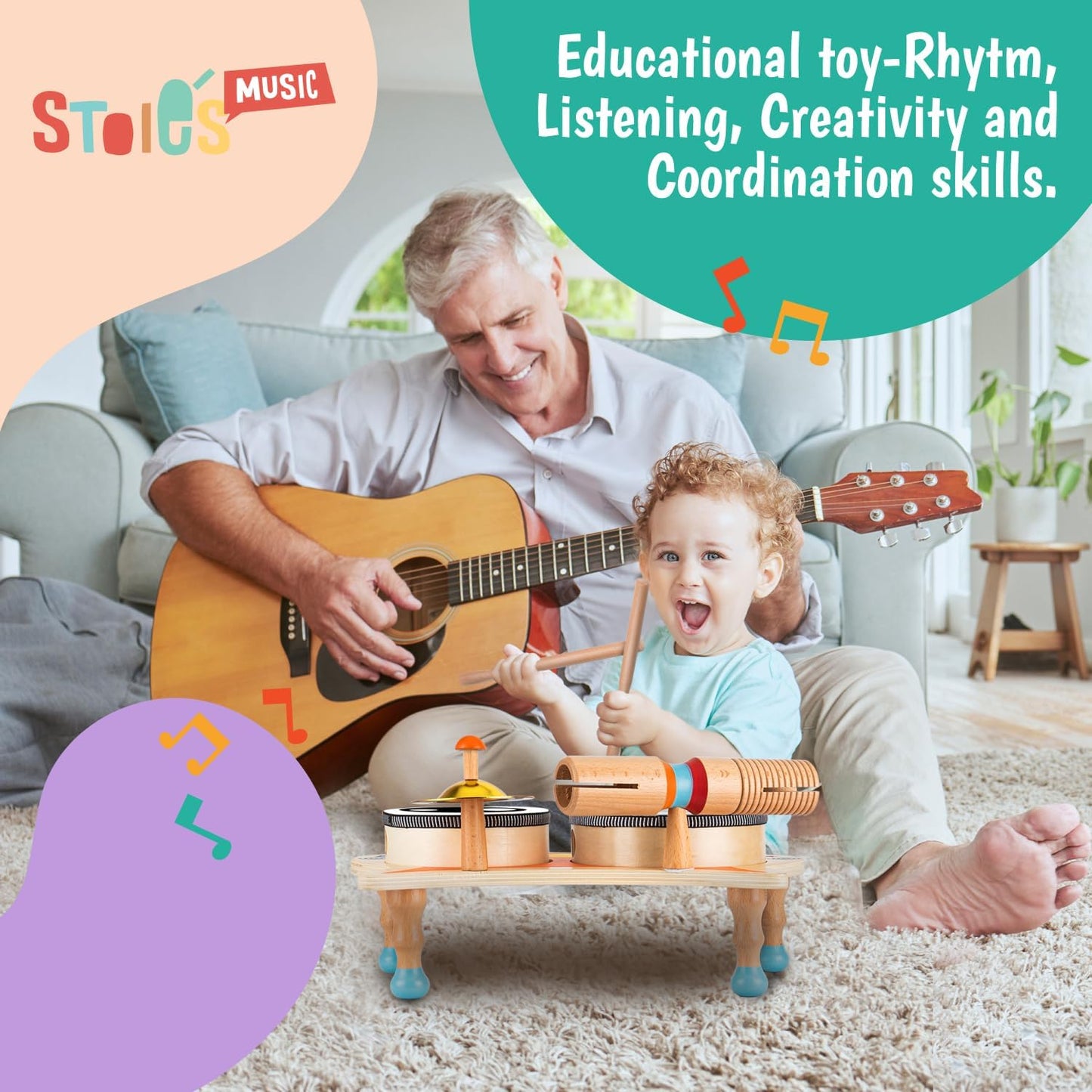 Stoie's Wooden Toddler Musical Instruments with Drum, Hand Bells, Flute, Maracas, Castanet, Tamburine, for Babies and Kids, Eco Friendly Montessori Educational Toy