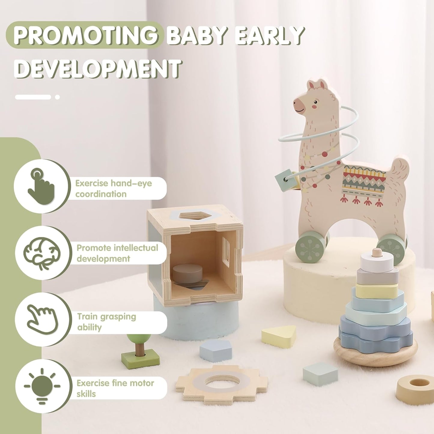FReniland Montessori Toys for 1 Year Old，3-in-1 Wooden Baby Toys，Wooden Stacking Toy，Toddler Shape Sorting Cube, Giraffe Ring Toy,Newborn Baby Gift Sets for Boys and Girls
