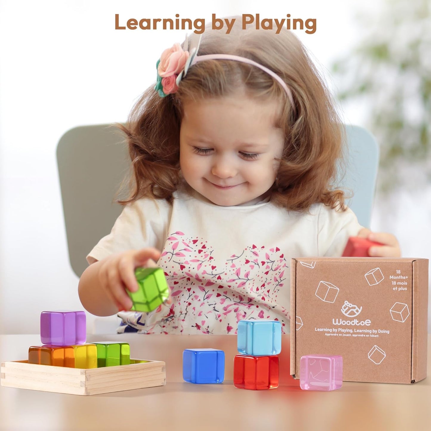 Woodtoe Large Building Blocks for Toddlers, Montessori Toys for 1 2 3 Year Old Boy Girl, No Choking Hazard Toys for Age 2-4 Kids Baby, Rainbow Acrylic Block Set, Sensory Birthday Toy Gifts for Kid