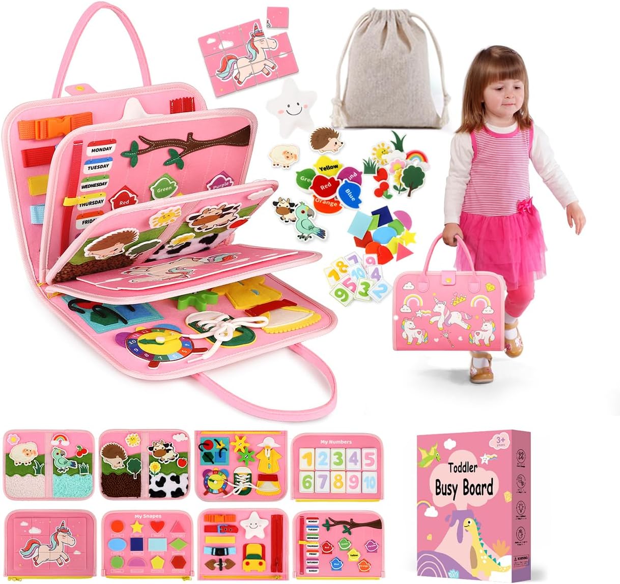 Toddler Sensory Busy Board: Travel Toy Activity Book for Girls Boys, Motor Skill Development Gift for Baby Aged 3-4 Years, Fine Educational Preschool Montessori Learning Toy for Car Airplane Dinosaur