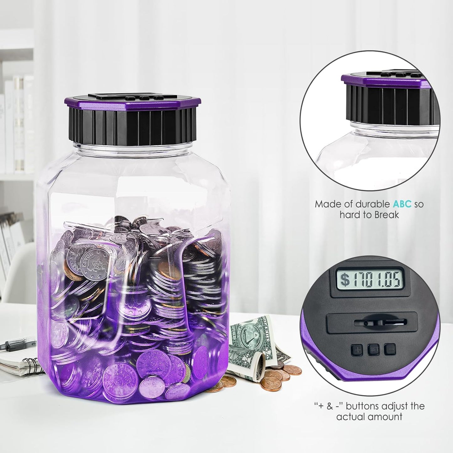 X-Large Piggy Bank for Adults Kids, Vcertcpl Digital Coin Counting Bank with LCD Counter, 2.4L Capacity, Great Coin Counter Bank Money Counting Jar with Total Amount Displayed (Purple)