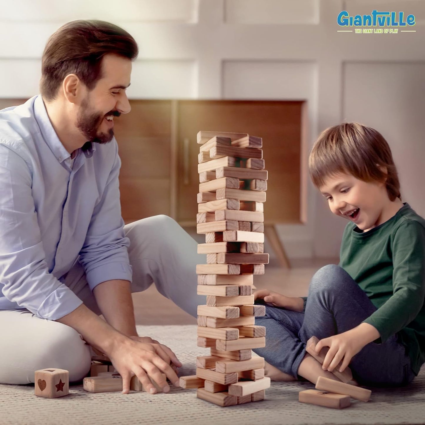 Giantville Giant Tumbling Timber Toy - STEAM-Credited Premium Pine Wood Blocks Tower - Indoor/Outdoor Yard Game for Kids & Adults - 56 Pieces + Carry Bag - Grows to Over 4 Feet