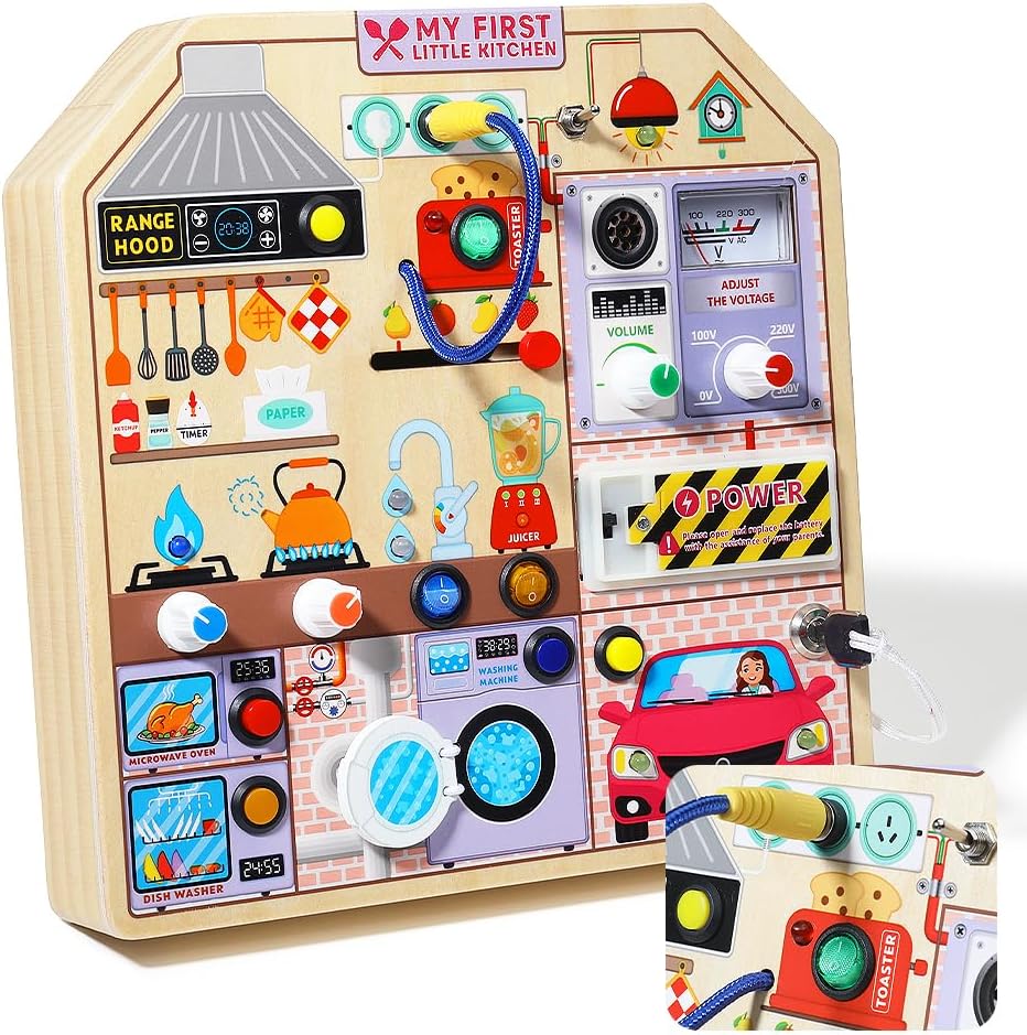 JAUNTY Montessori Wooden Busy Board for Toddlers 3 4 5 Years Old, Wooden Sensory Toddler Toys with LED Light Switches, TV Radio Telegram and Car Driving, Travel Toys Birthday for Boys Girls