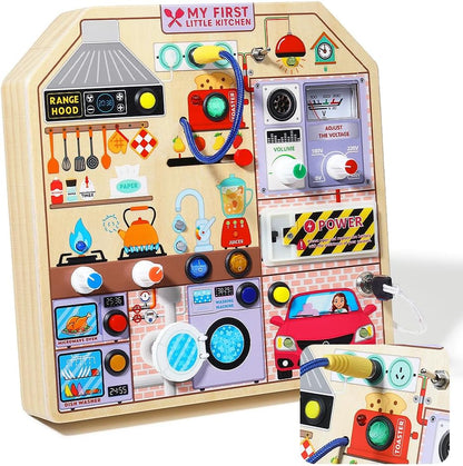 JAUNTY Montessori Wooden Busy Board for Toddlers 3 4 5 Years Old, Wooden Sensory Toddler Toys with LED Light Switches, TV Radio Telegram and Car Driving, Travel Toys Birthday for Boys Girls