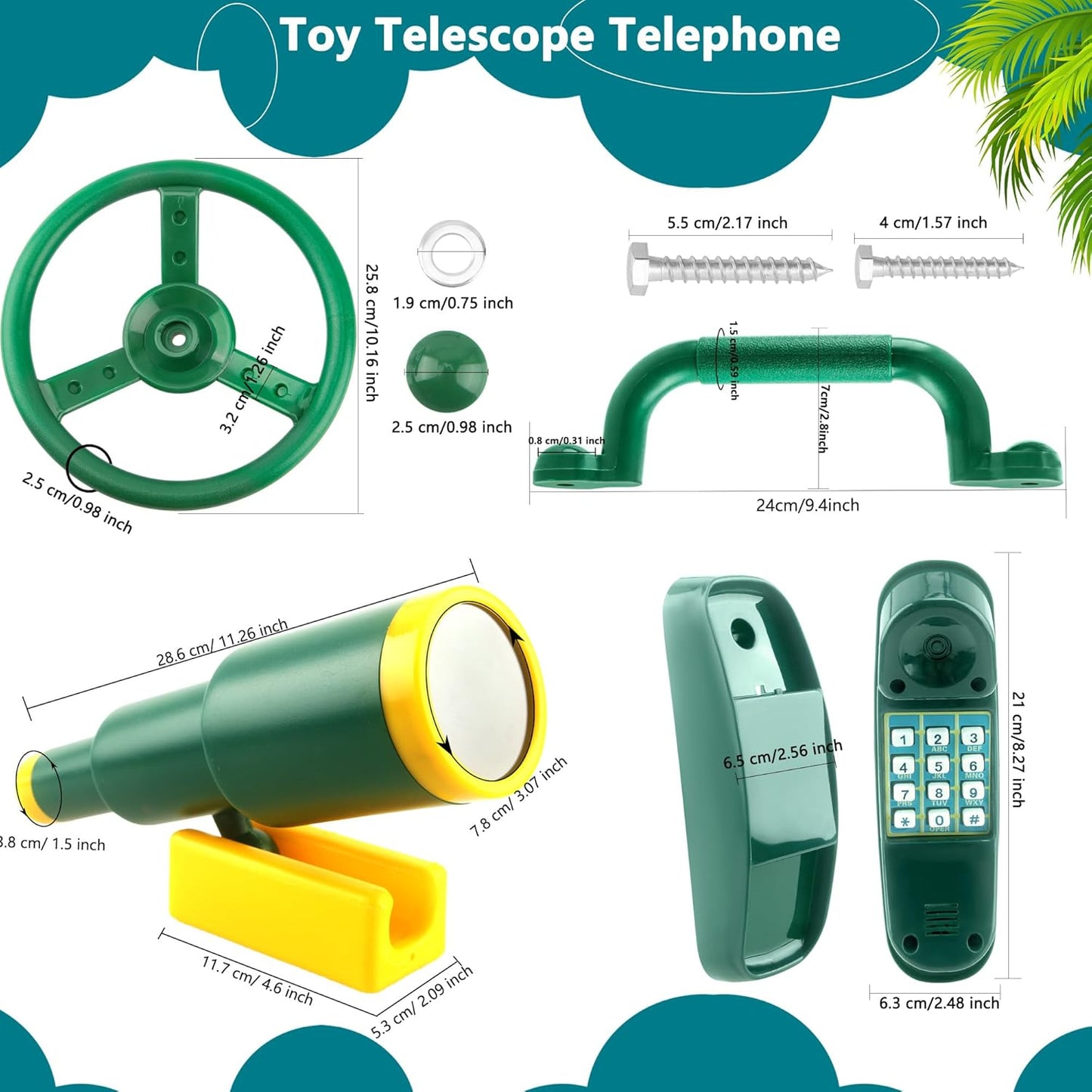 5 Pack Kids Playground Accessories Set Swingset Steering Wheel Plastic Telescope Safety Handles Telephone Toy for Outdoor Playhouse Playset (Color Set 4)