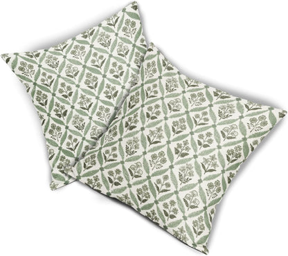 Blue Green Floral Block Print Pillow Covers 12X20 Set of 2, Flower Pattern Spring Summer Print Decorative Throw Pillow Covers Outdoor Farmhouse Seasonal Cushion Case Couch Sofa Bed Decor