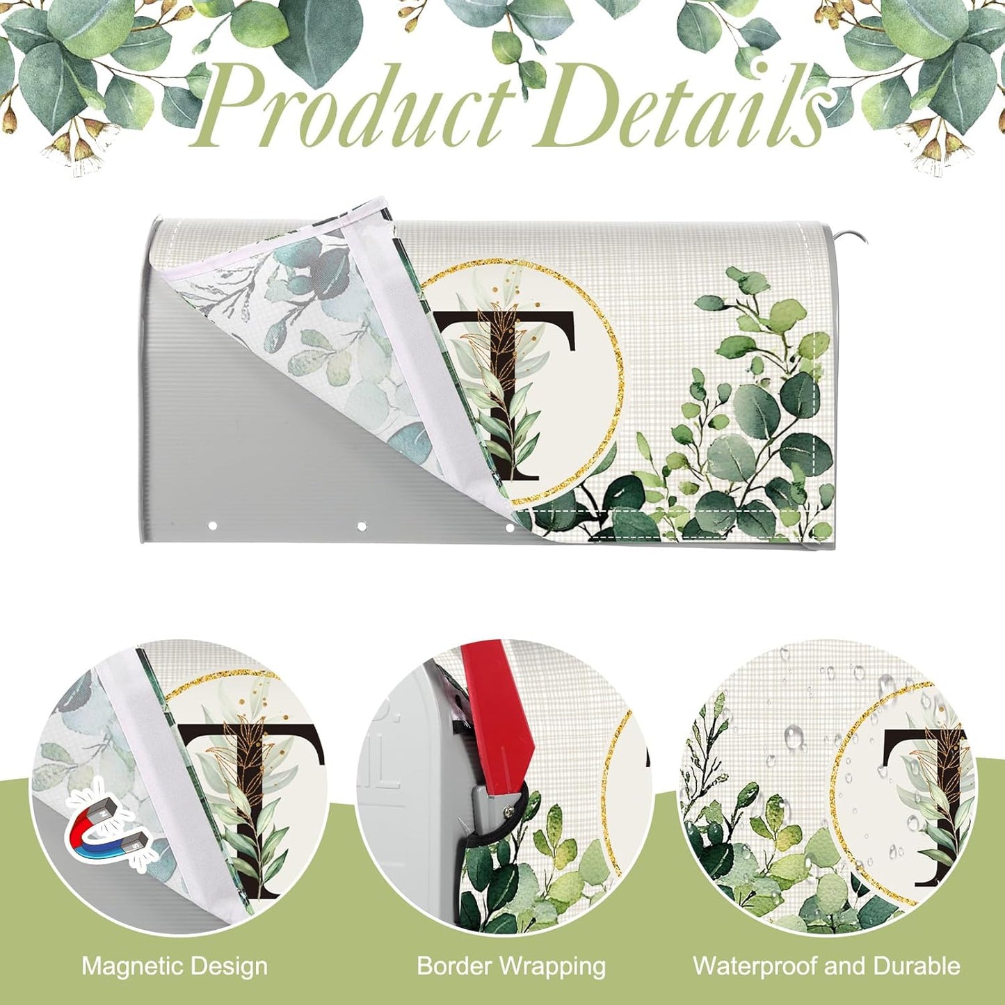 Tiamon Monogrammed L Mailbox Covers Magnetic Eucalyptus Welcome Letter Box Wrap Standard Size 21x18 Inch Spring Summer Leaves Mailbox Decor Eucalyptus Letter Numbers Decoration for Outdoor Garden Yard