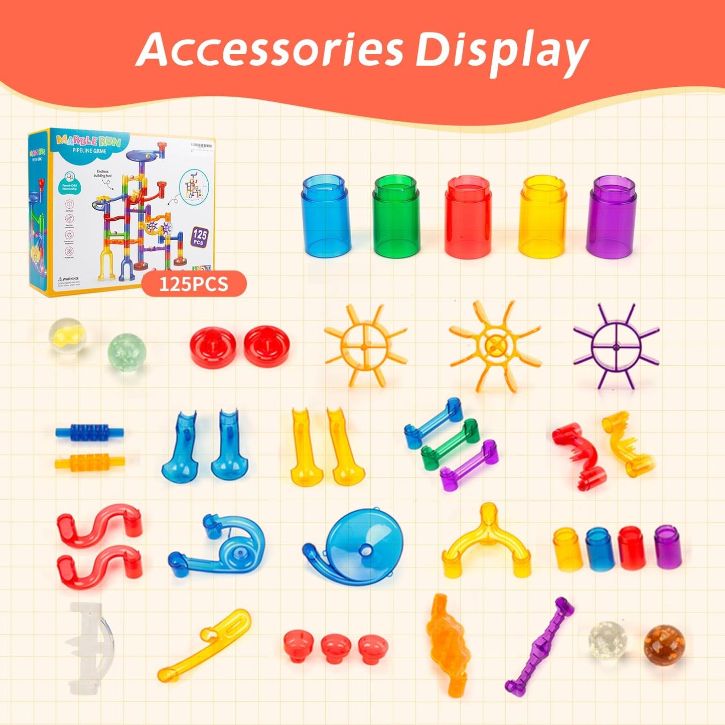 Marble Run Toy, 125pcs Marble Maze Kit STEM Educational Learning Toy for Kids, Construction Building Blocks Toys, Birthday Gift for Boys Girls 3-8（with 5 Glow in The Dark Glass Marbles）