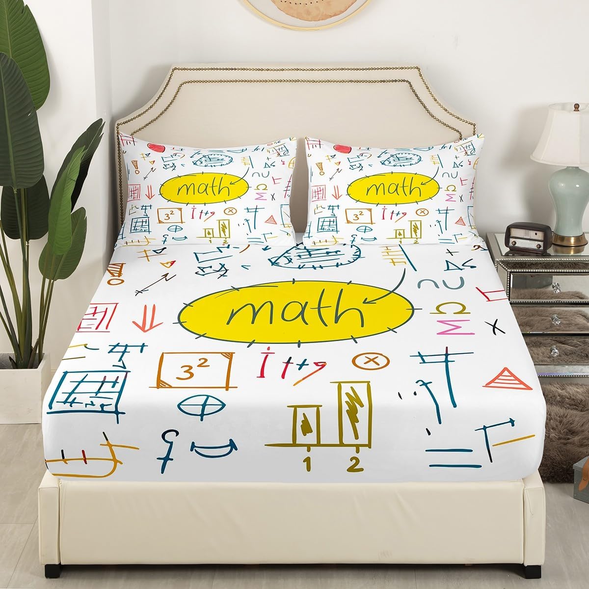 Erosebridal Science Theme Bed Sheets Set Full Size for Boys Girls Chemistry Periodic Table Print Sheet Set Chemical Subject Theme Sheets Teens Kids Math Science Atyle Fitted Sheet 4 Pcs