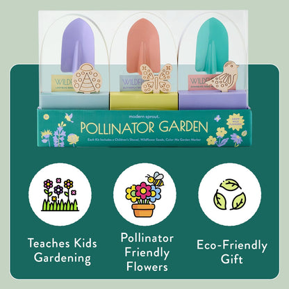 Modern Sprout Pollinator Garden Gift Set - Spring Gifts for Kids - Educational Gardening Tools for Little Gardeners - Eco-Friendly Kids Gardening Set w/Trowel, Wooden Markers & Wildflower Seeds (3-pk)