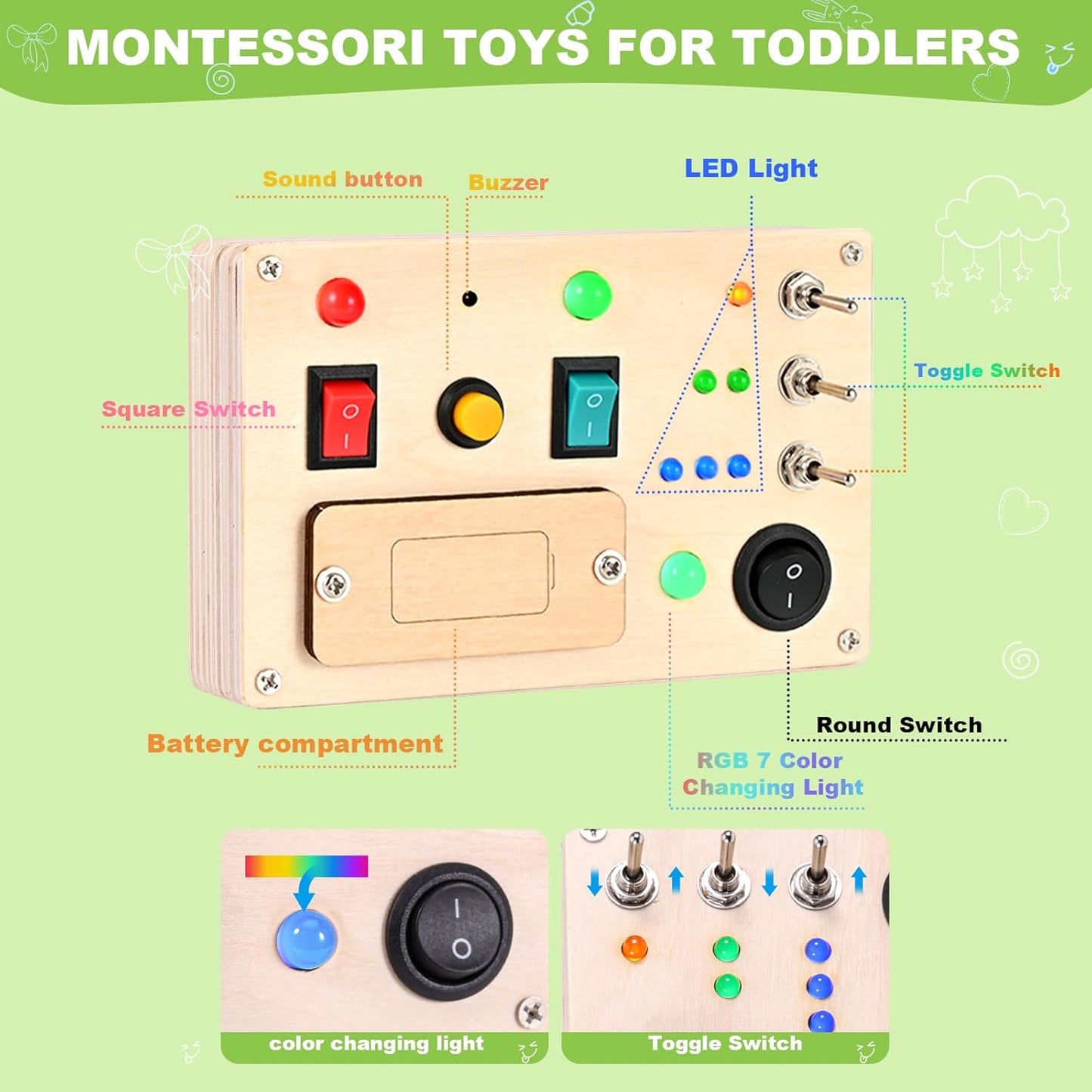 Busy Board Toddler Montessori Led Light Switch Busy Board Autism Sensory Wall Panel Fidget Board Wooden Toys for Toddlers 1-3
