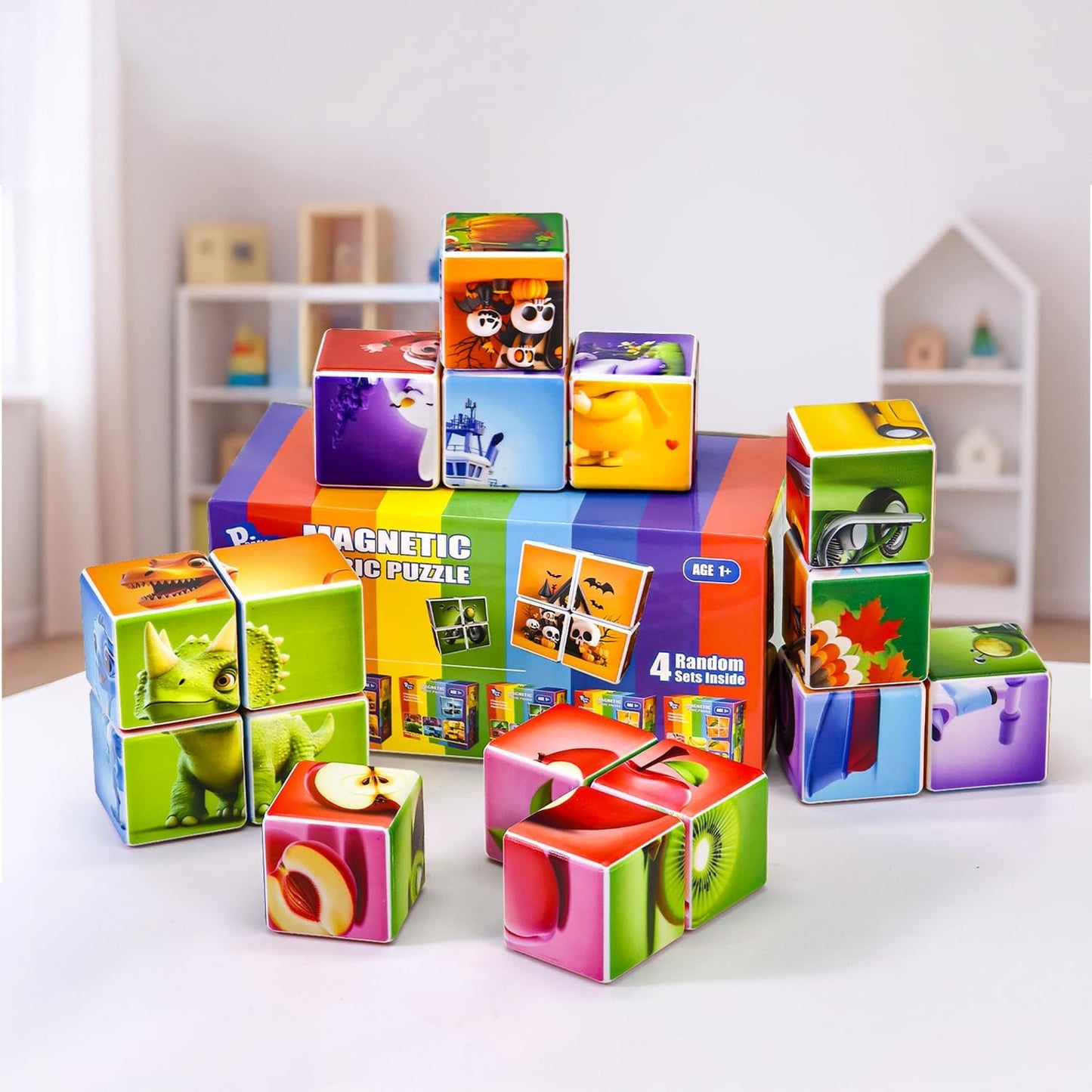 Pairez Toys Random 4 Sets of Magnetic Blocks for Toddlers, 4 Packs Total 16 PCS & 24 Patterns, Magnetic Puzzles for Kids 1-3, Preschool Learning Classroom Must Haves Puzzle Toys
