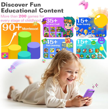 MOMILLA Kids Smart Phone Toys for Girls, 3.97” Touchscreen, Dual Cameras with Stickers, 200+ Games & 16GB Storage, Christmas Birthday Gifts for Kids Age 3-10, Educational Mini Toddler Play Phone Toy