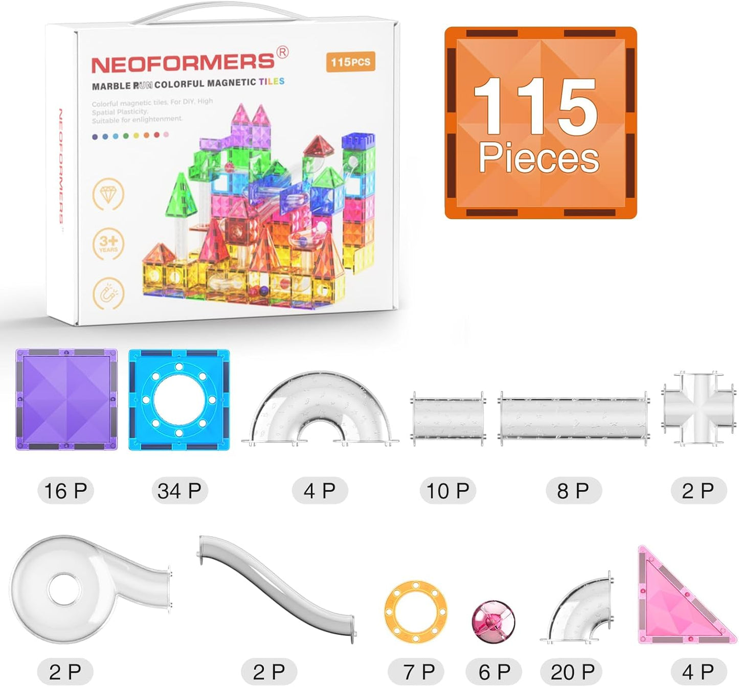 115Pcs Magnetic Marble Run Set for Kids, STEM Building Toys with Racing Track Tiles, Funnels & Slopes, 3D Construction Marble Maze Educational Learning Gift for Boys & Girls Ages 3-8+