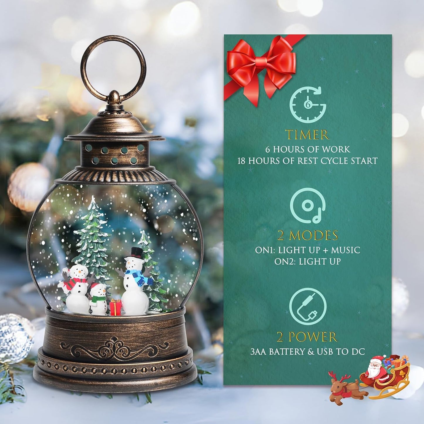 Christmas Snow Globes Lantern, Church and Christmas Tree Christmas Decorations Indoor, 6H Timer Battery & USB Powered Light Up Musical Snow Globes for Kids Women Adults Gift Thanksgiving Home Decor