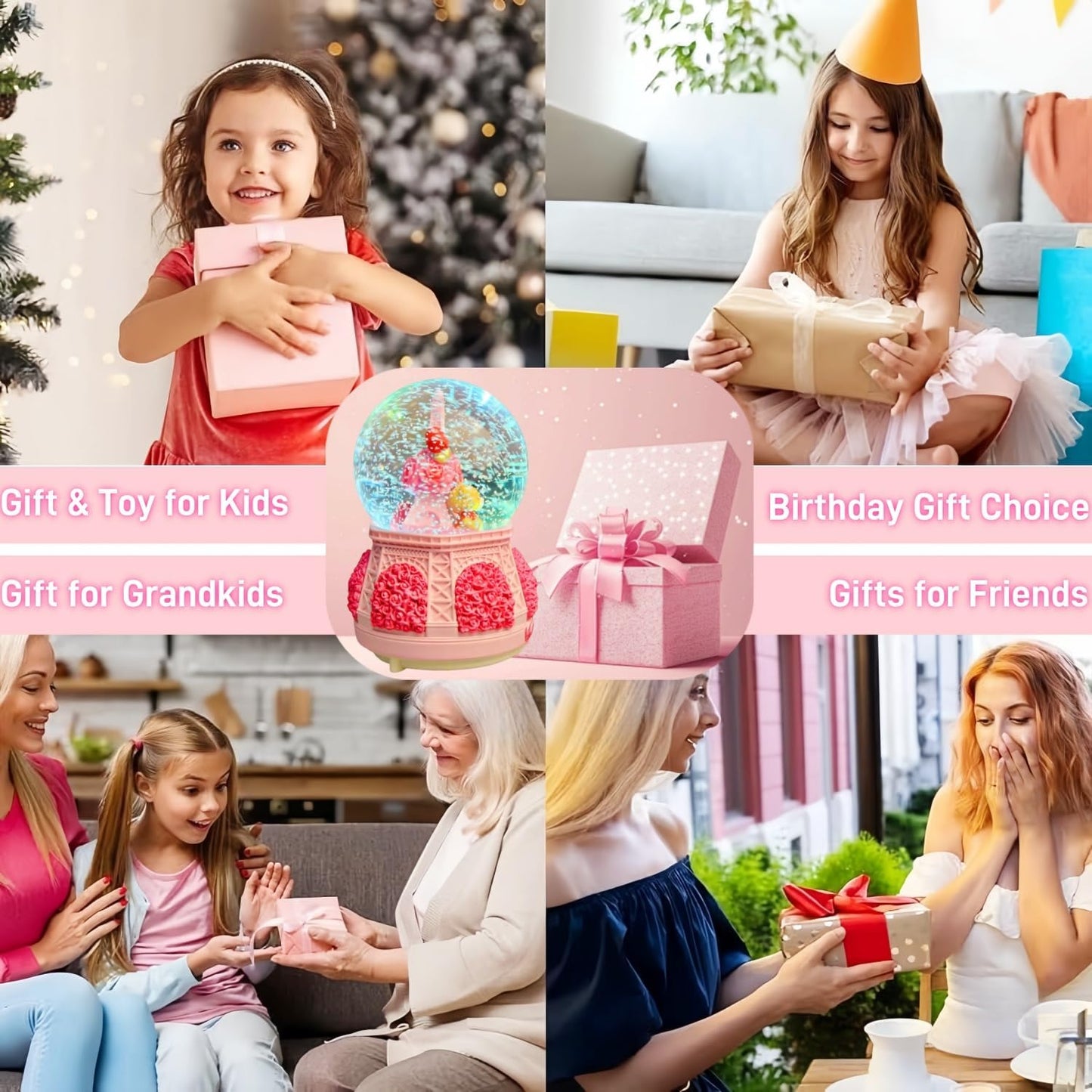 Snow Globes,Music Box Gifts for Girl,Eiffel Tower Music Snowglobes with LED Lights,Snow Fall Effect,Decoration Glass Ball for Kids Room Birthday for 5-16 Year Old Girls