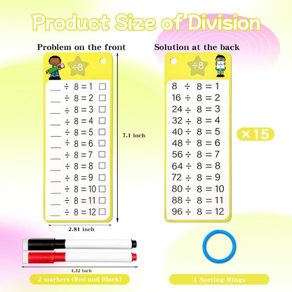 Multiplication Flash Cards 0-12, 15PCS Times Table Flash Cards Chart, with Dry Erase Markers Sorting Ring, 1st, 2nd, 3rd Grades Educational Math Multiplication Game for Kids Classroom Home
