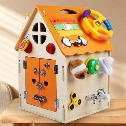 Montessori Wooden Busy House, Life Skills Activity Cube, Toddler Fine Motor Skills & Sensory Toy,Blue