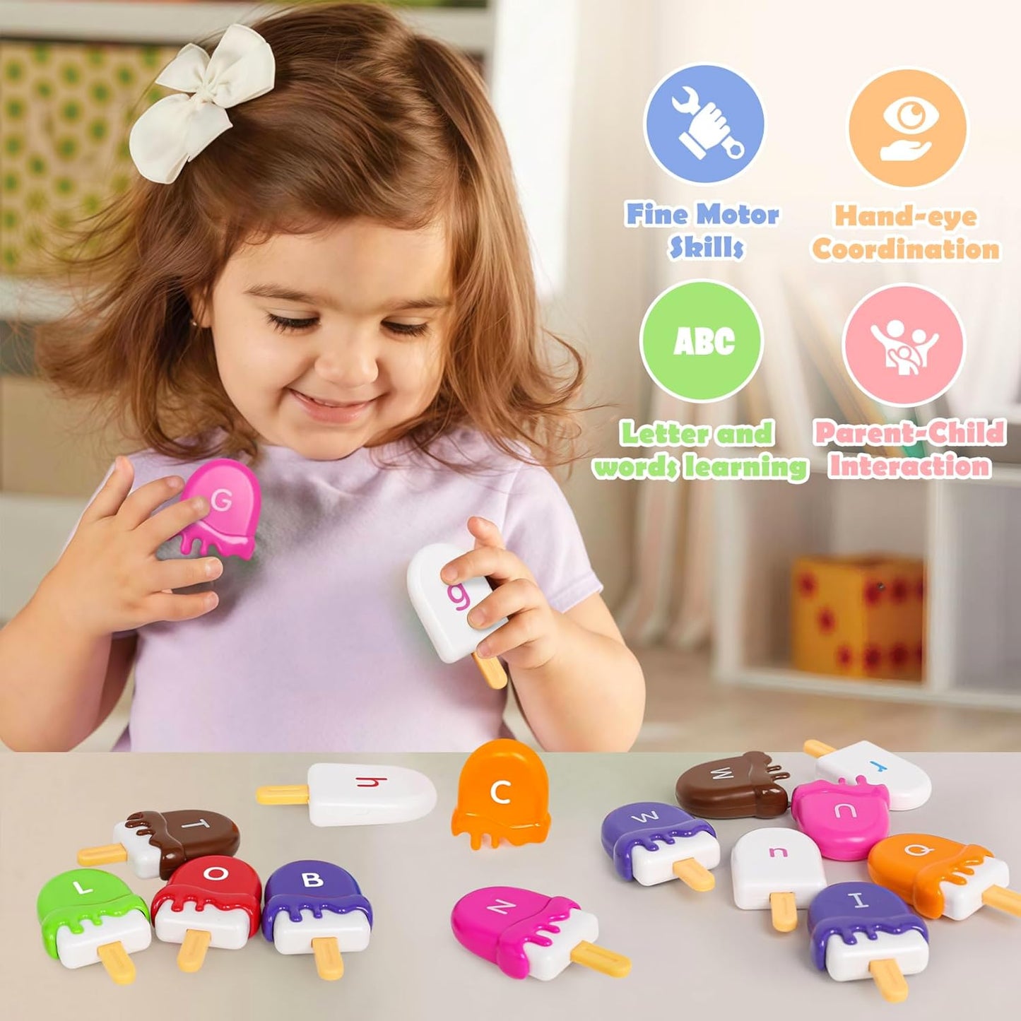 Alphabet Learning Toys Matching Letter ABC Fine Motor Toy Double-Side Ice Cream Toys Preschool Learning Activities Montessori for Toddler Kids Ages 2 3 4 5