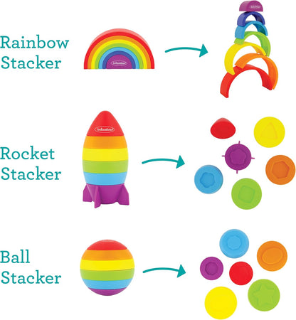 Infantino Imagination Stackers Playset, Rainbow Stacker, Rocket Stacker, Ball Stacker for Babies 12M+, 3-Style Set, 19 Pieces