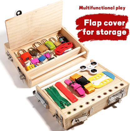 INIFEIDALA Montessori Wooden Busy Board - Fine Motor Skills Toys for 2-5 Year Old Boys Girls, Preschool STEM Life Skills Game, Latches Lock Key Sensory Toy, Screwdriver Board Set, Educational Gift